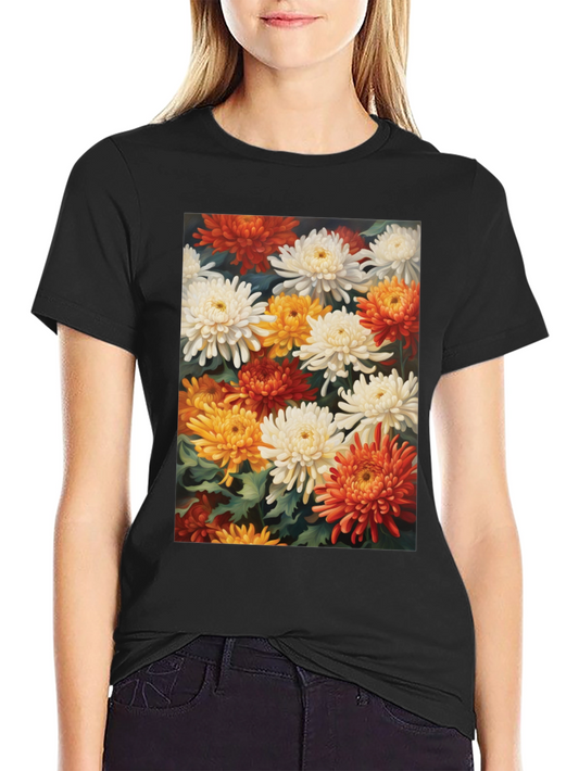 Floral Chrysanthemum Print Black Tee