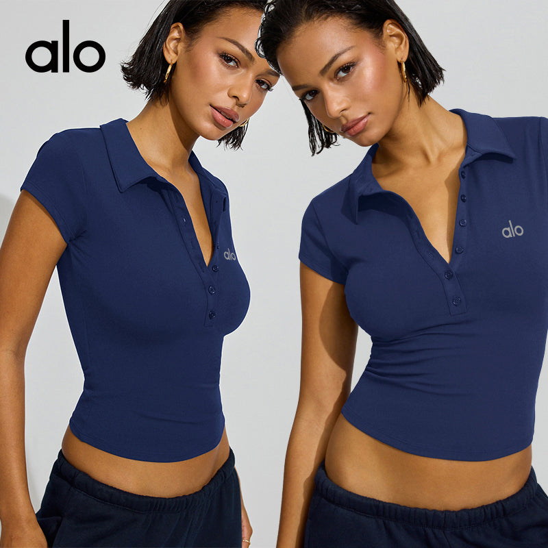 Alo Yoga Nude-skin Feel Lapel Button Short Sleeve, Slim Waist Tight Versatile Fitness Top