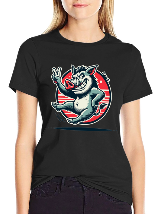 Boar Cartoon Graphic Tee - Black Cotton T-Shirt