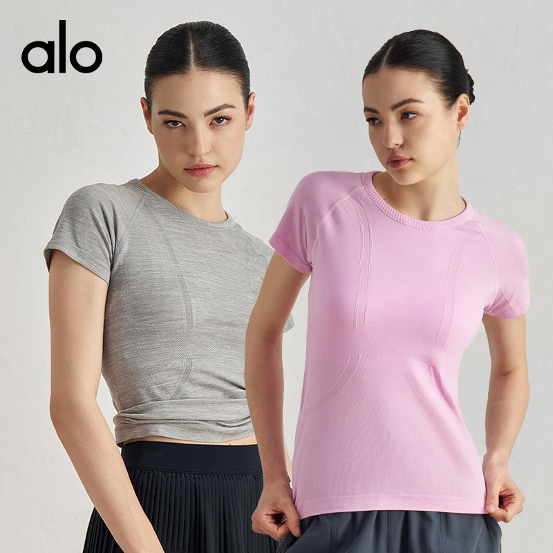 Alo Yoga Nude Feel Slim-fit Sports Fitness Short Sleeve, Waist-tight Thin Yoga Top