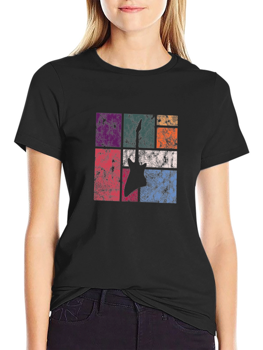 Retro Guitar Graphic Tee - Black Cotton T-Shirt