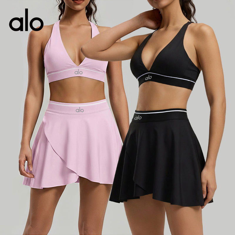 Alo Yoga Color-block Quick-dry Sports Skirt, 2-in-1 Fake Two-piece Tennis Skirt for Running Fitness Yoga