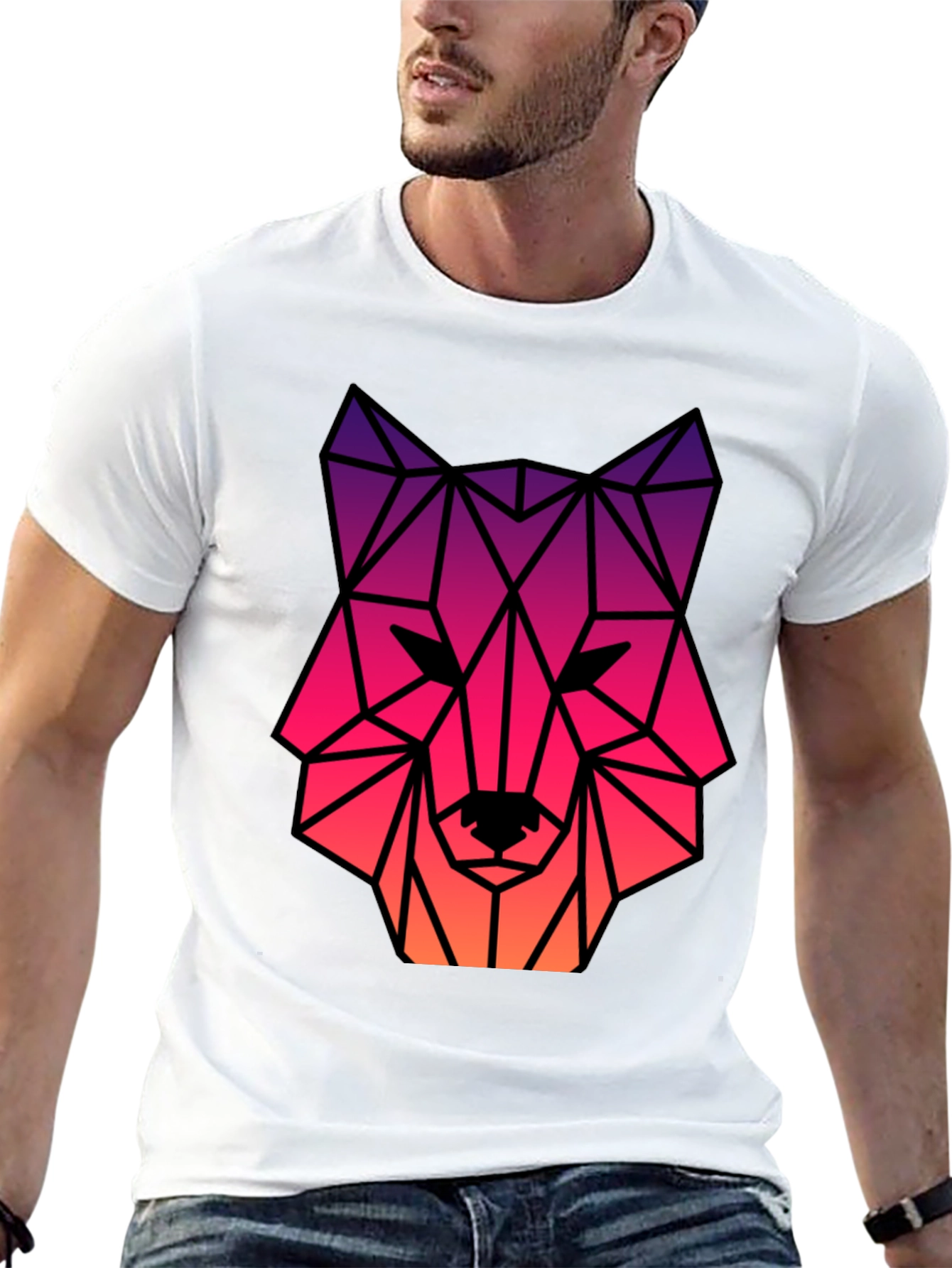 Geometric Wolf Head Graphic Tee - Black