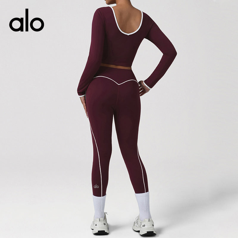 Alo Yoga Autumn/Winter Round-neck Seamless Long-Sleeved T-shirt Backless Short Style Yoga Set for Fitness Training