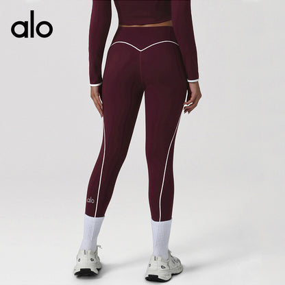 Alo Yoga Autumn/Winter Round-neck Seamless Long-Sleeved T-shirt Backless Short Style Yoga Set for Fitness Training