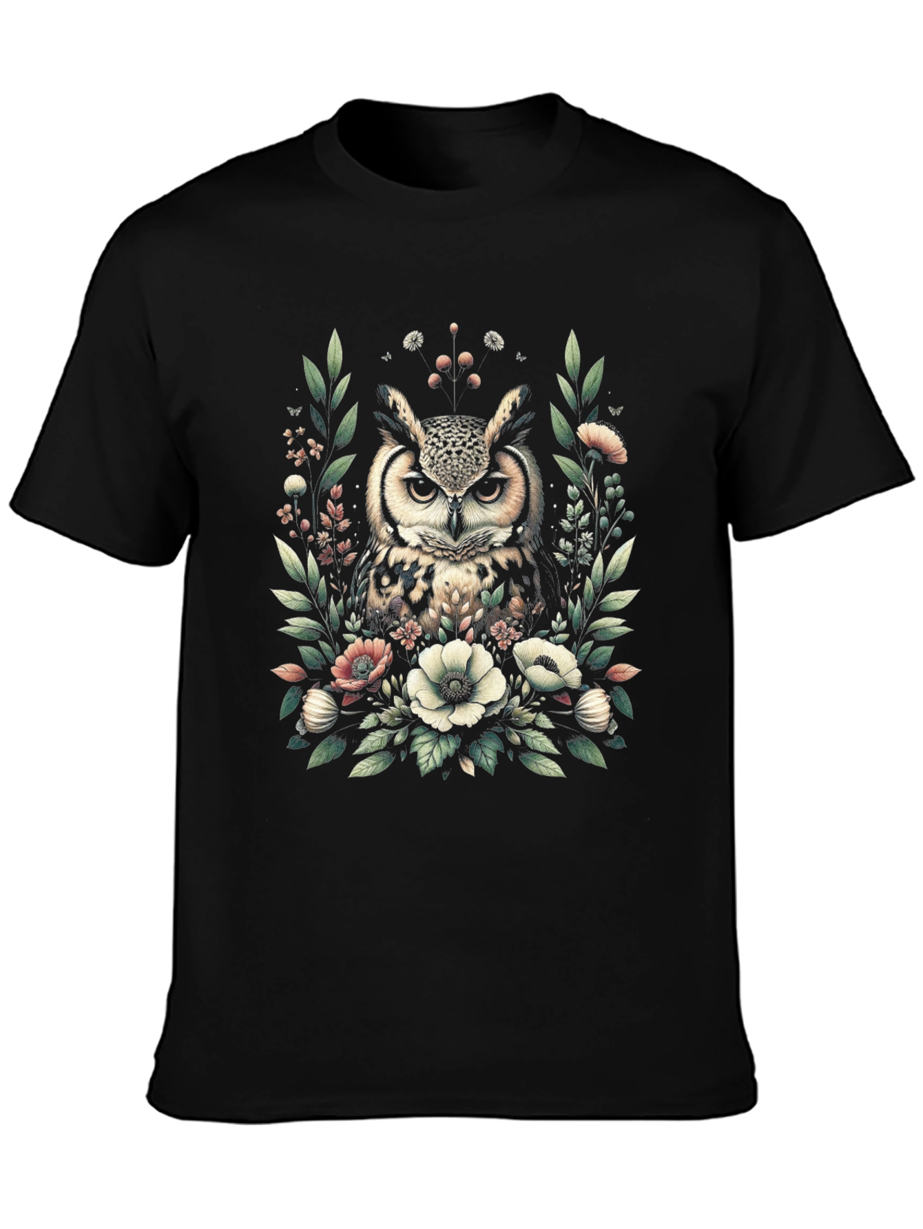 Owl and Floral Print Black T-Shirt