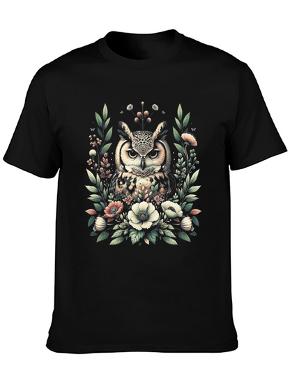 Owl and Floral Print Black T-Shirt