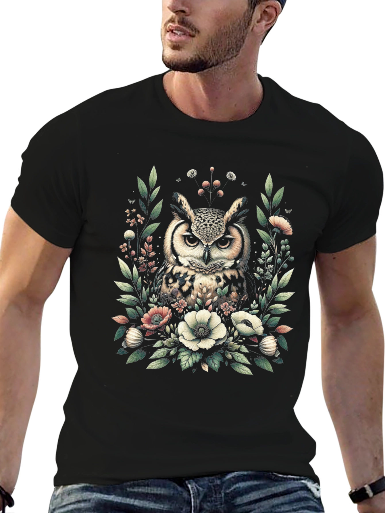 Owl and Floral Print Black T-Shirt
