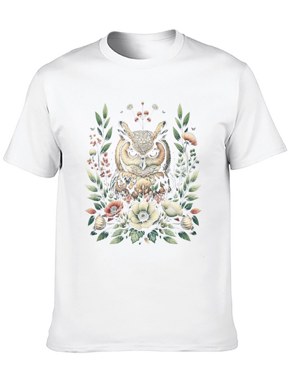 Owl and Floral Print Black T-Shirt