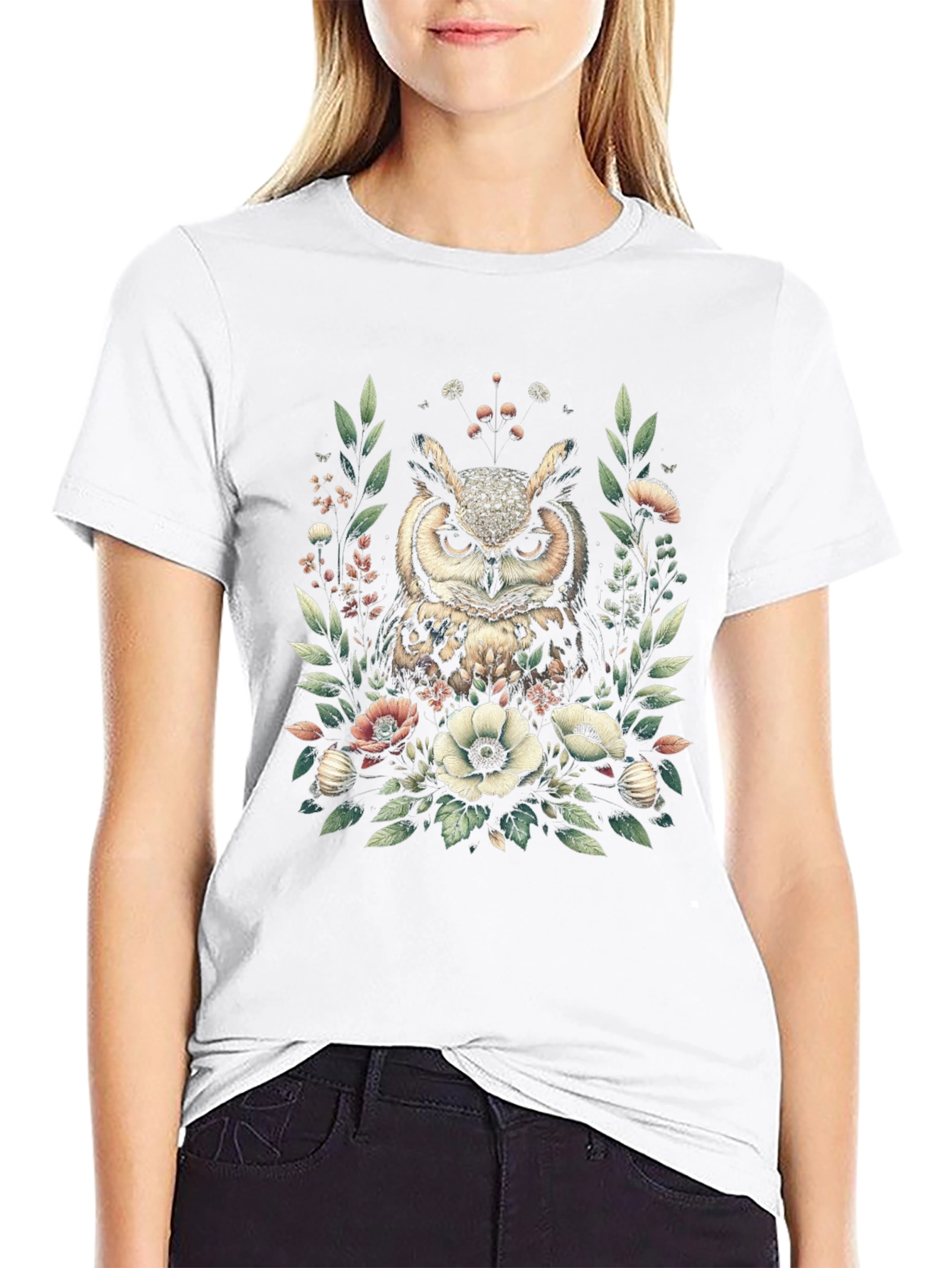 Owl and Floral Print Black T-Shirt