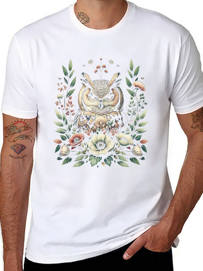 Owl and Floral Print Black T-Shirt