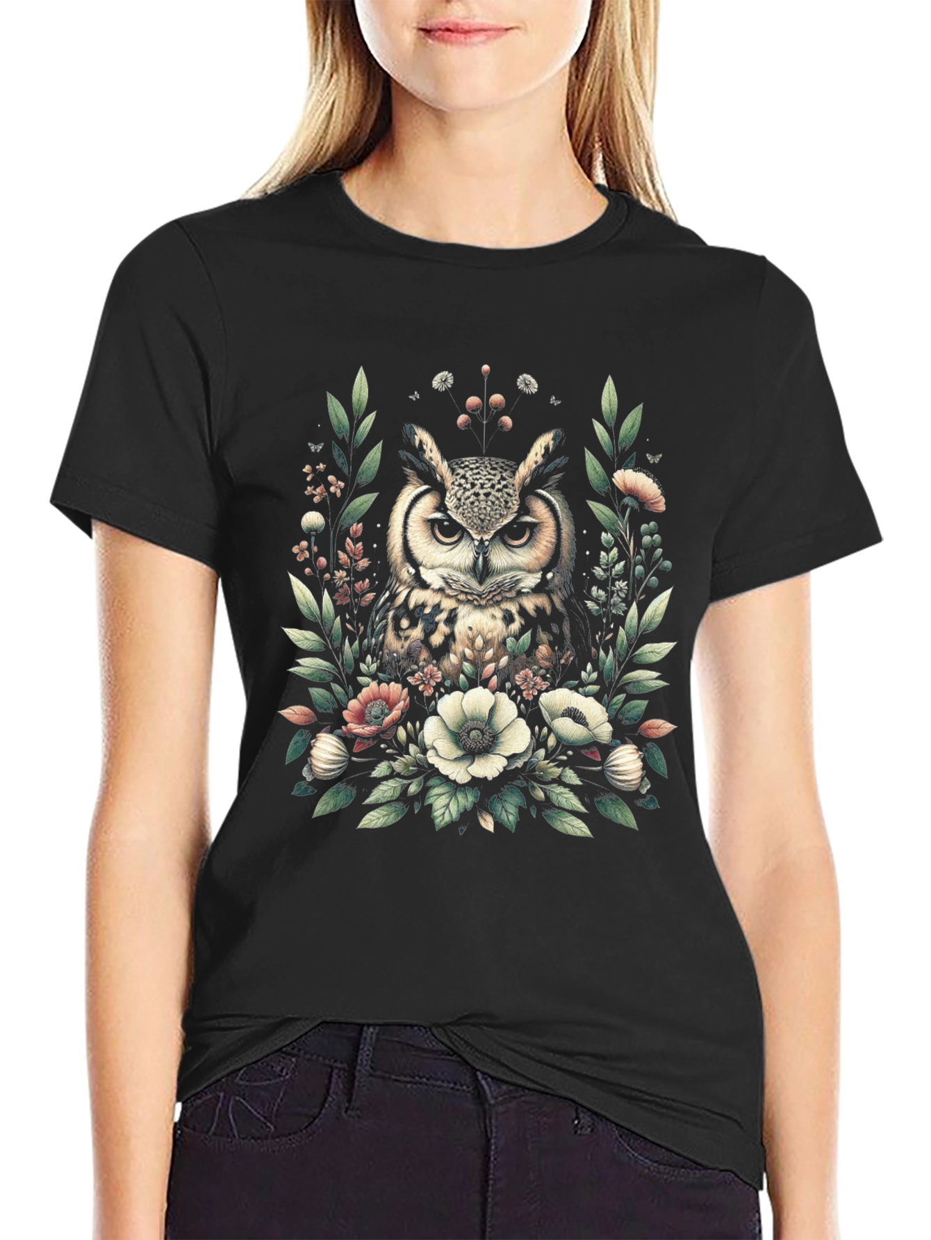 Owl and Floral Print Black T-Shirt