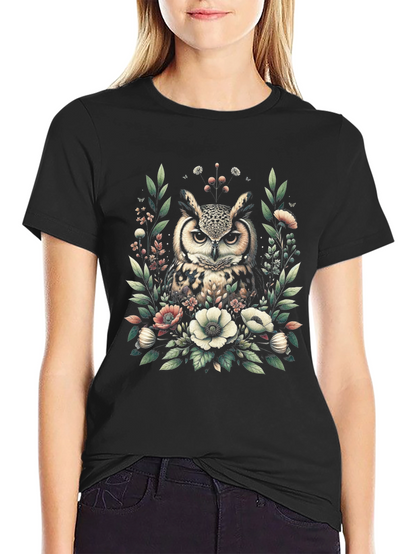 Owl and Floral Print Black T-Shirt