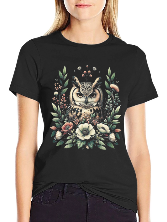 Owl and Floral Print Black T-Shirt