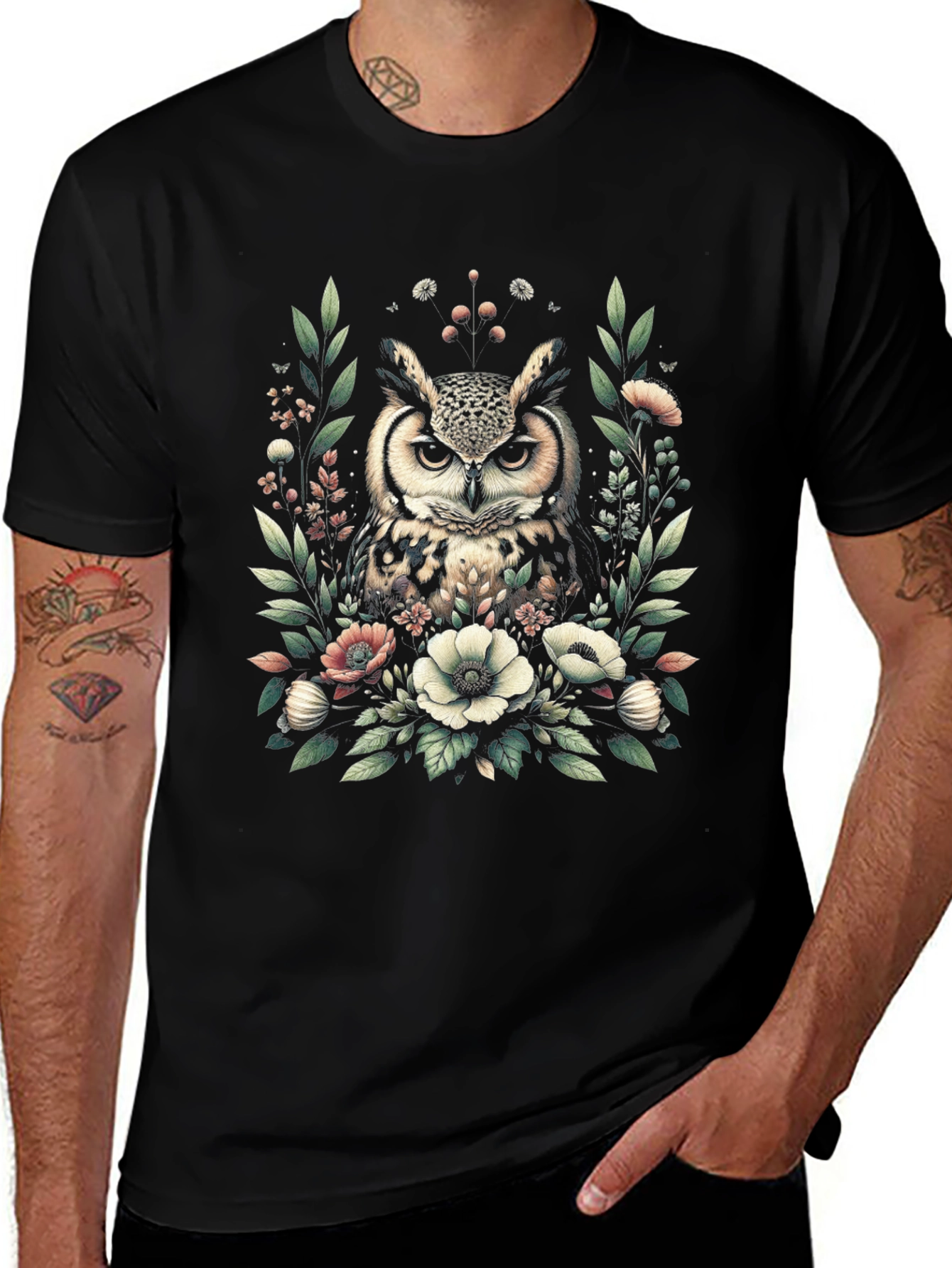 Owl and Floral Print Black T-Shirt
