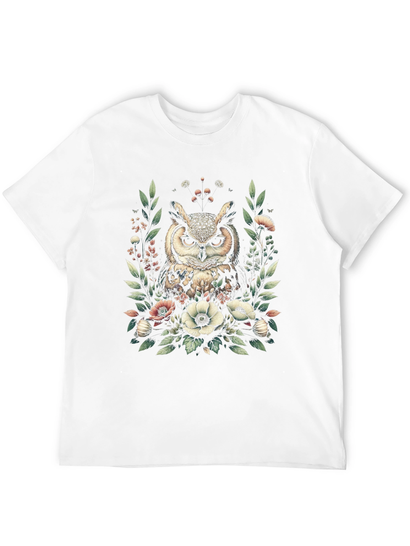 Owl and Floral Print Black T-Shirt
