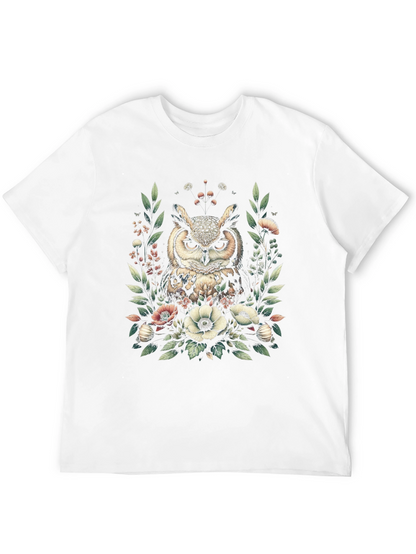 Owl and Floral Print Black T-Shirt