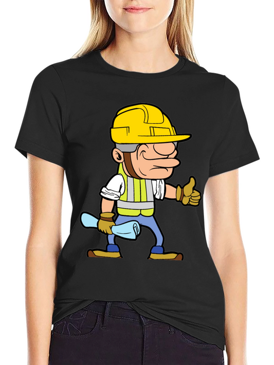 Construction Worker Cartoon Graphic Tee - Black