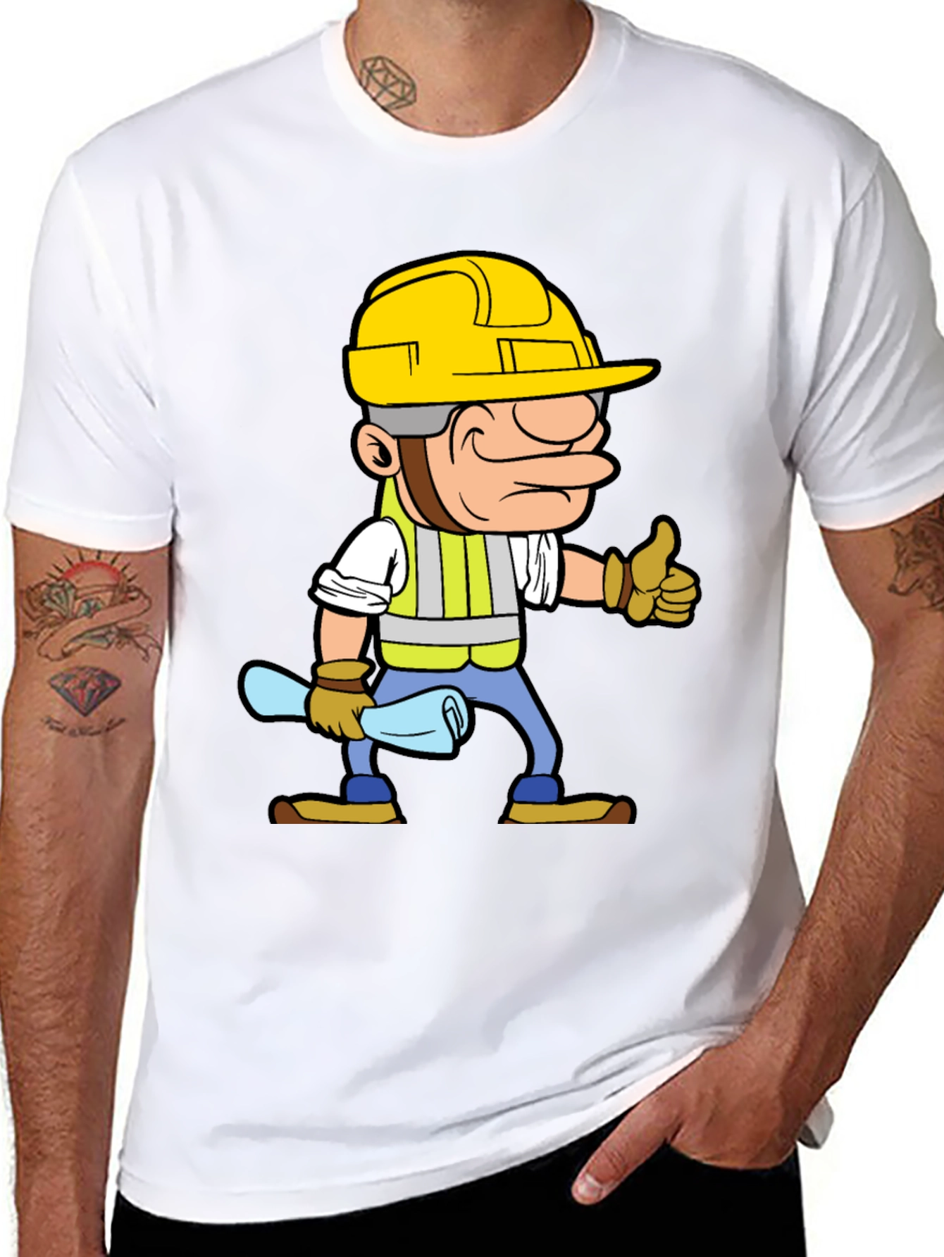 Construction Worker Cartoon Graphic Tee - Black