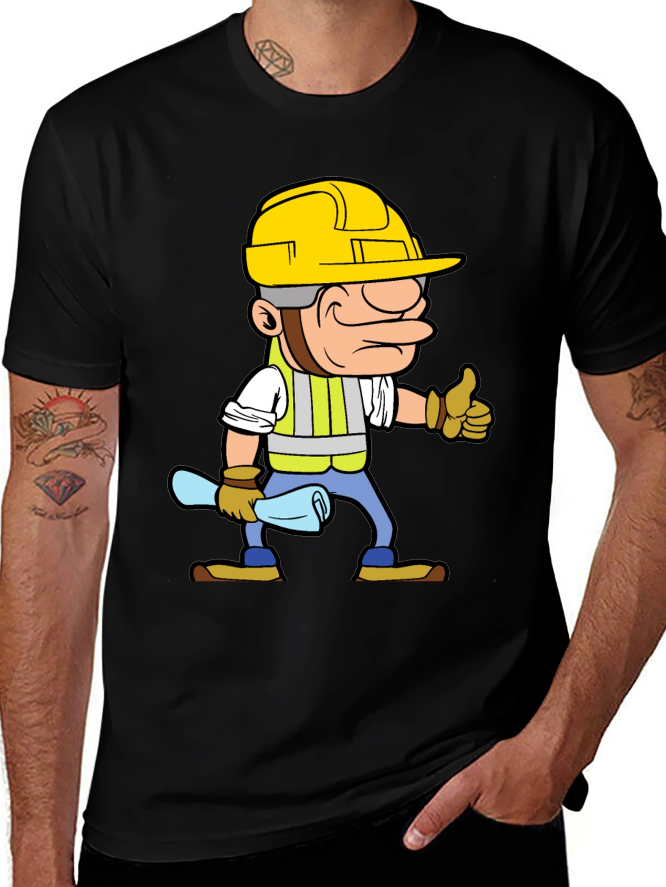Construction Worker Cartoon Graphic Tee - Black