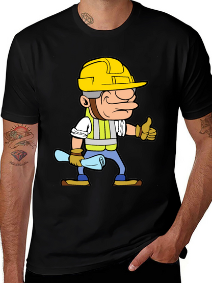 Construction Worker Cartoon Graphic Tee - Black