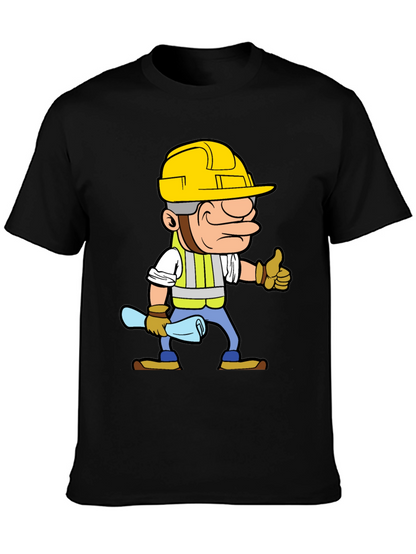 Construction Worker Cartoon Graphic Tee - Black