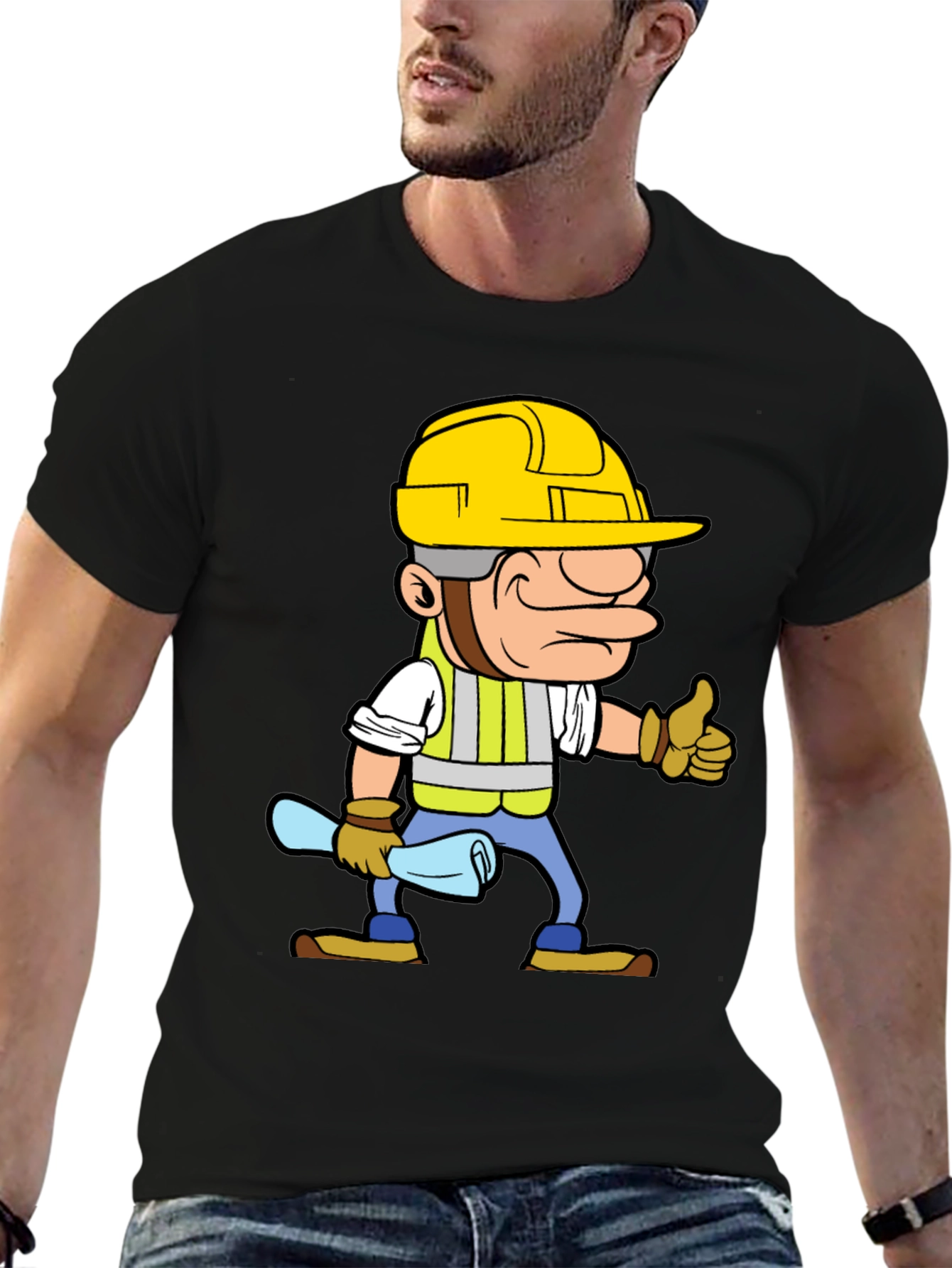 Construction Worker Cartoon Graphic Tee - Black