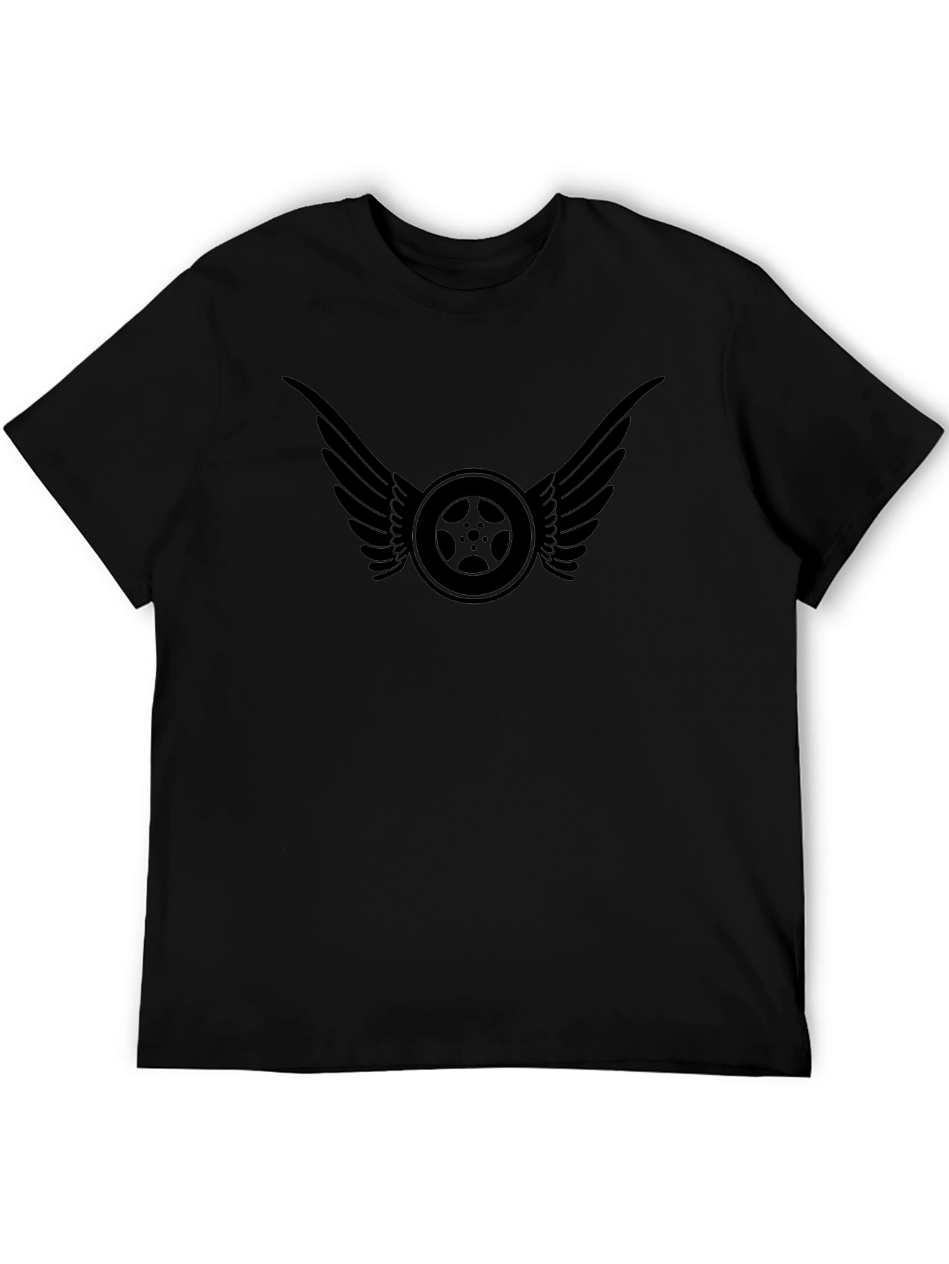 Black T-Shirt with Winged Wheel Design