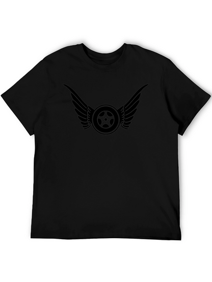 Black T-Shirt with Winged Wheel Design