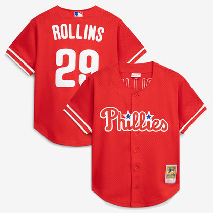 Jimmy Rollins Philadelphia Phillies Mitchell &amp;amp; Ness Cooperstown Mesh Batting Practice Button-Up Jersey - Red