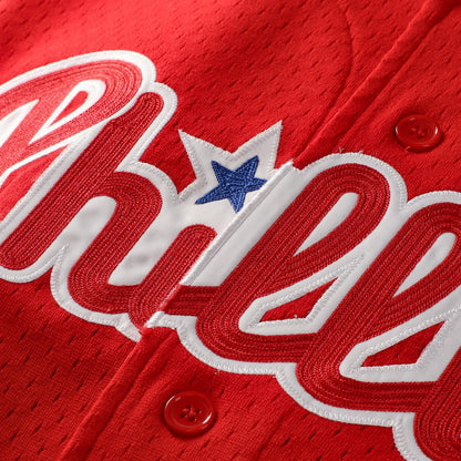 Jimmy Rollins Philadelphia Phillies Mitchell &amp;amp; Ness Cooperstown Mesh Batting Practice Button-Up Jersey - Red