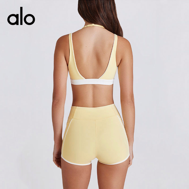Aloyoga Bare Sensation Color-Contrast V-Neck Sexy Back Underwear Fitness Shorts Sports Bra Yoga Set