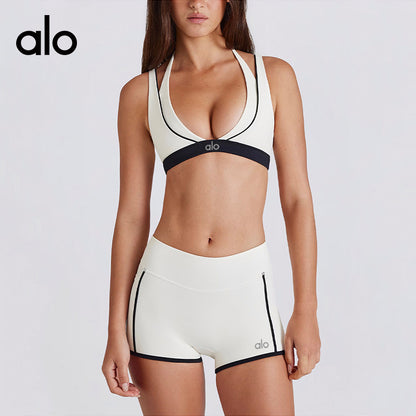 Aloyoga Bare Sensation Color-Contrast V-Neck Sexy Back Underwear Fitness Shorts Sports Bra Yoga Set