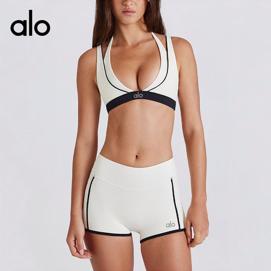 Aloyoga Bare Sensation Color-Contrast V-Neck Sexy Back Underwear Fitness Shorts Sports Bra Yoga Set