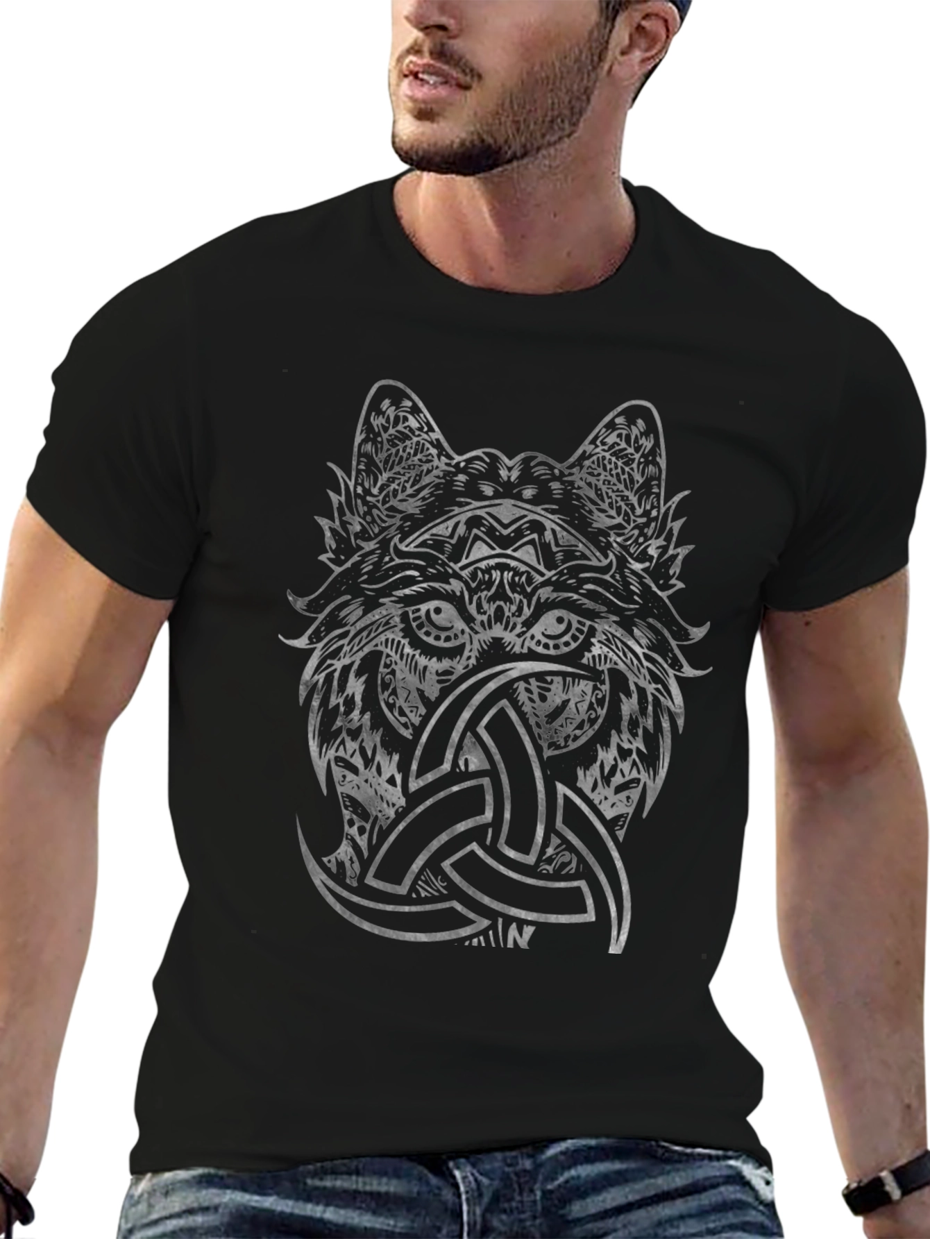Wolf Head Triquetra Graphic Print Black Tee