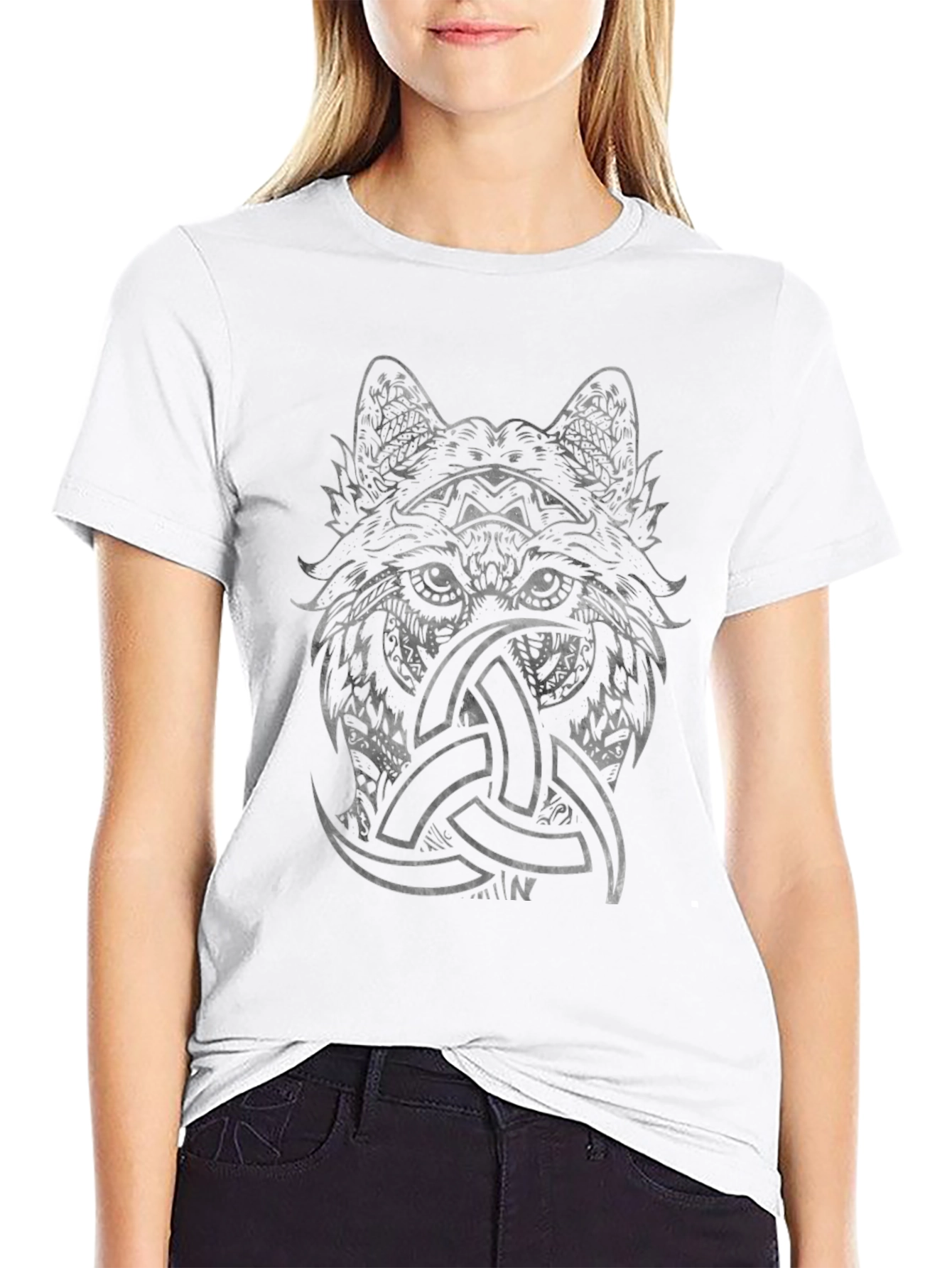 Wolf Head Triquetra Graphic Print Black Tee