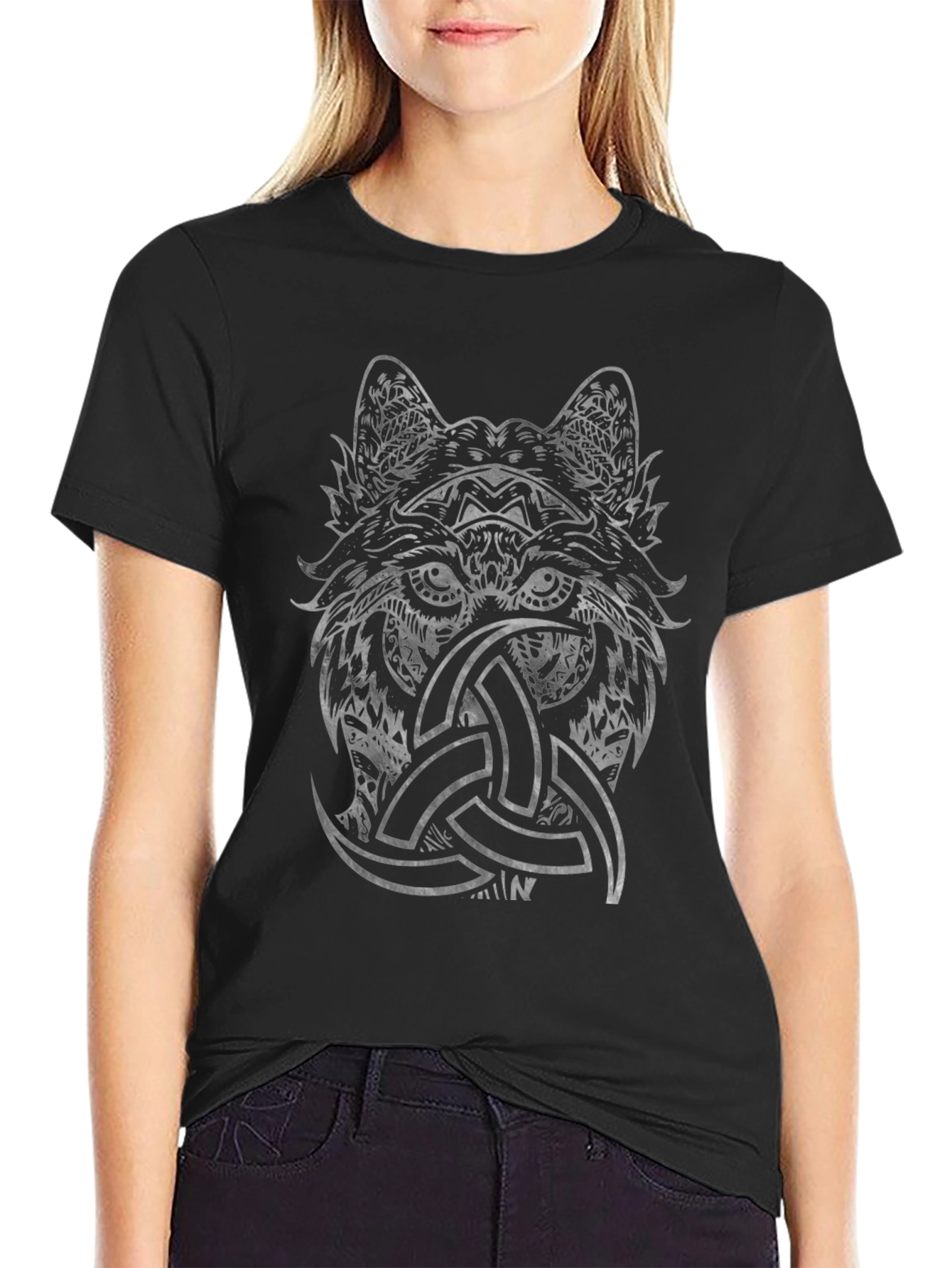 Wolf Head Triquetra Graphic Print Black Tee