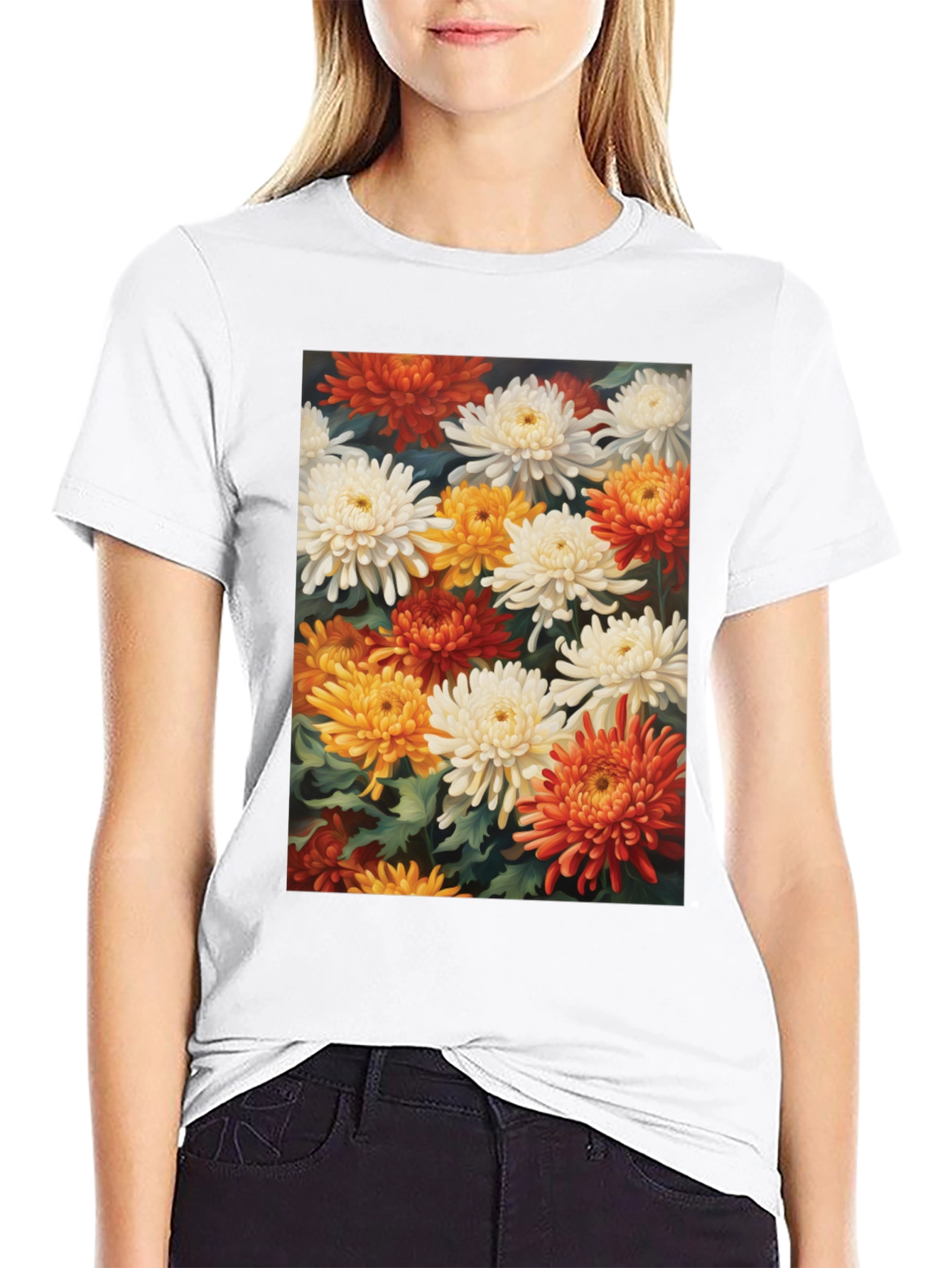 Floral Chrysanthemum Print Black Tee