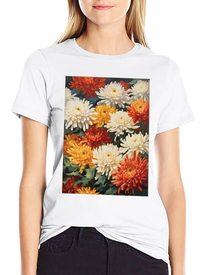 Floral Chrysanthemum Print Black Tee