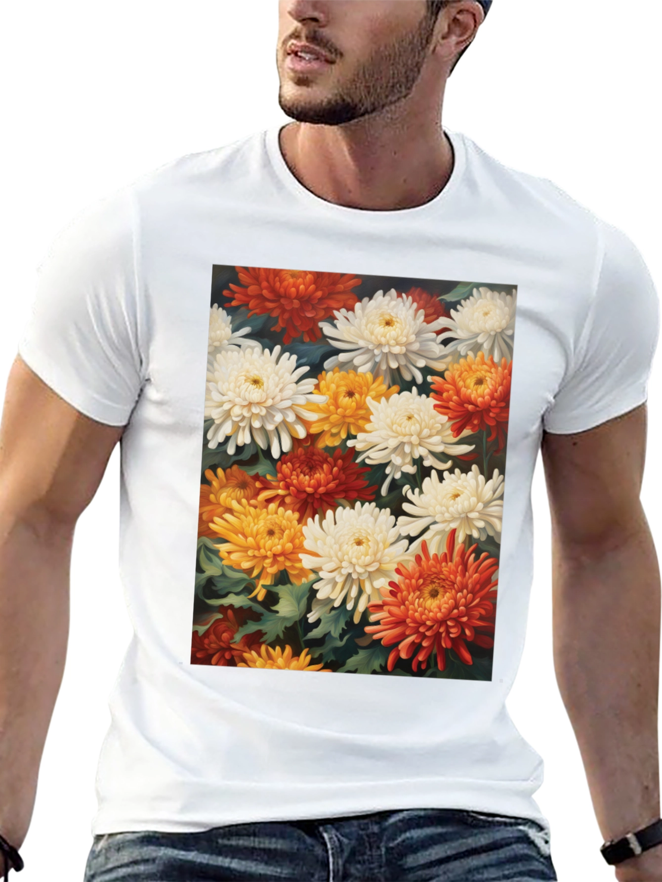 Floral Chrysanthemum Print Black Tee