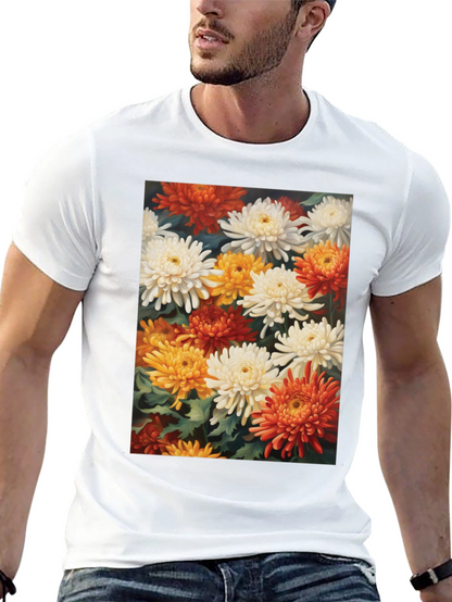 Floral Chrysanthemum Print Black Tee