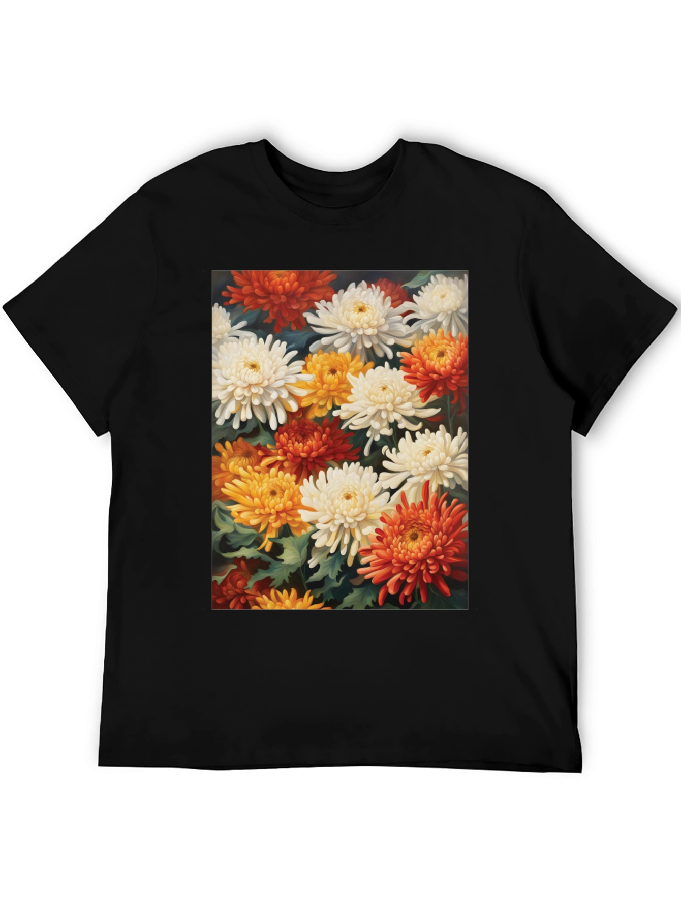 Floral Chrysanthemum Print Black Tee