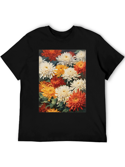 Floral Chrysanthemum Print Black Tee