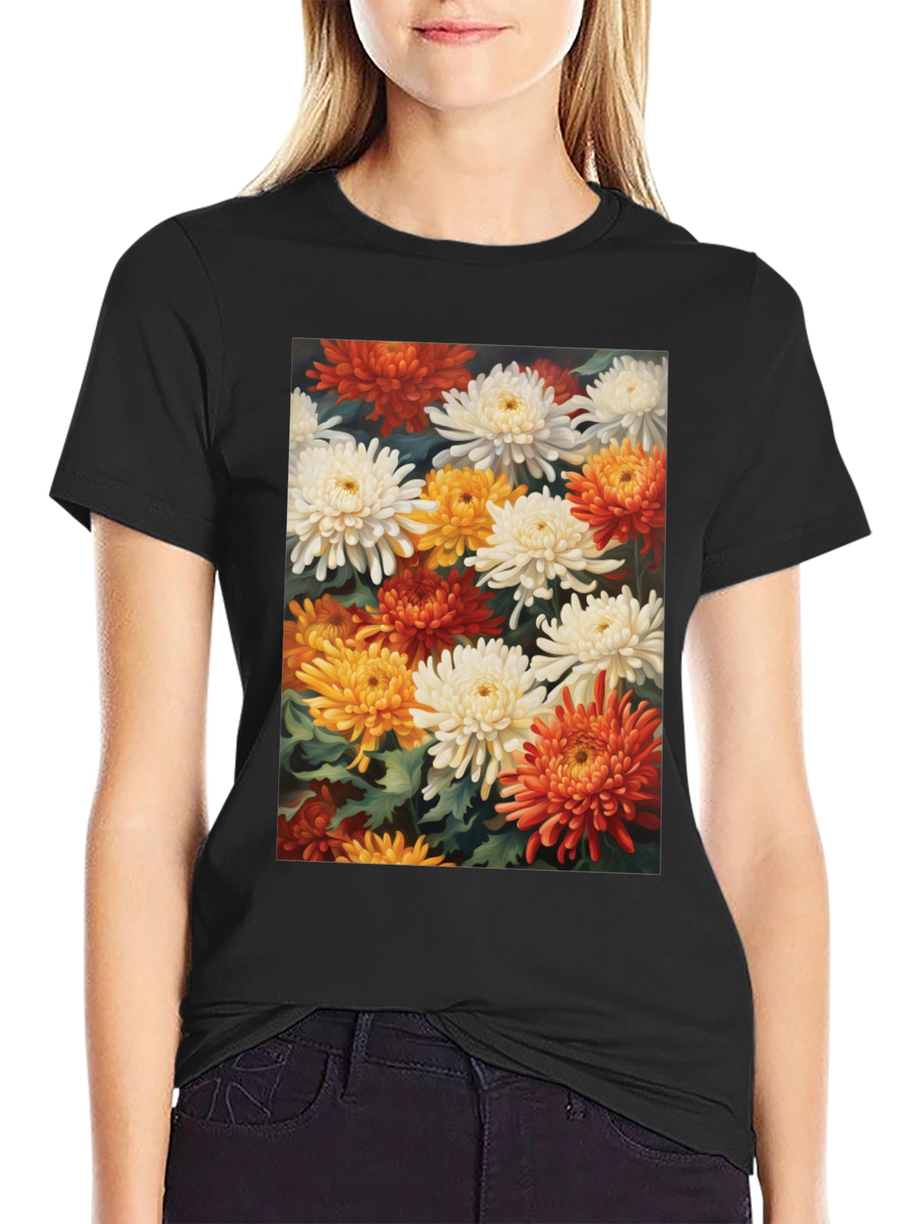 Floral Chrysanthemum Print Black Tee