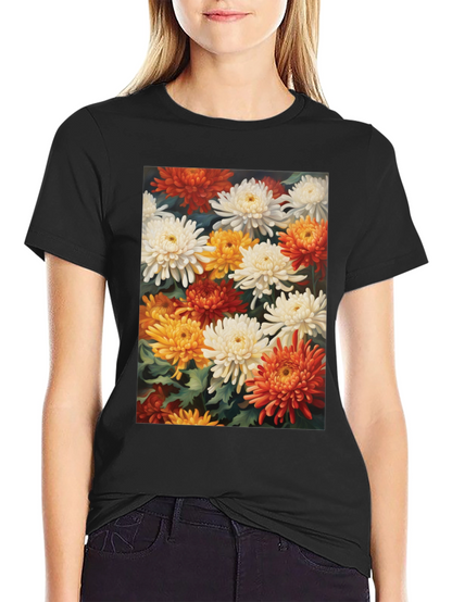 Floral Chrysanthemum Print Black Tee