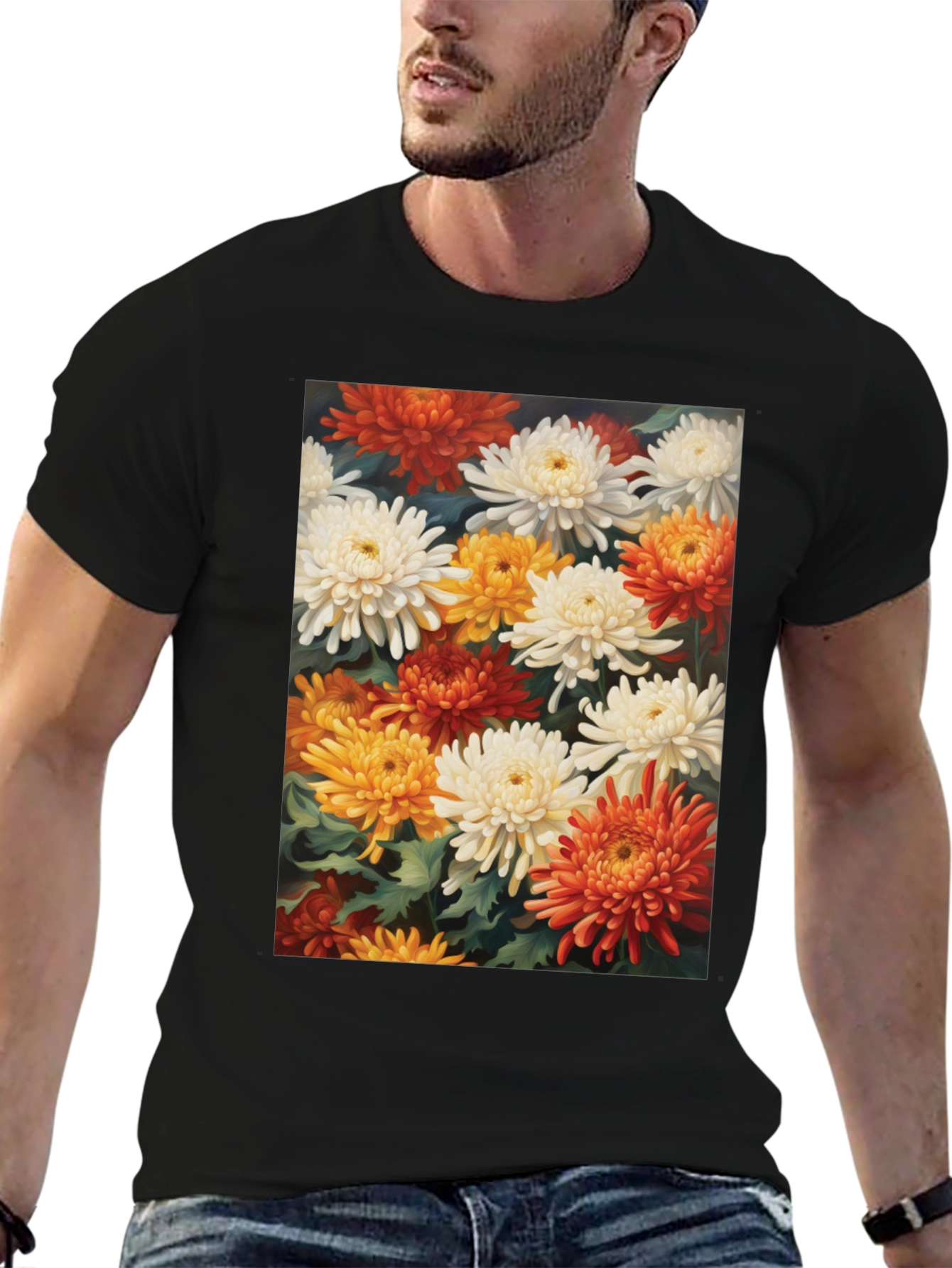 Floral Chrysanthemum Print Black Tee