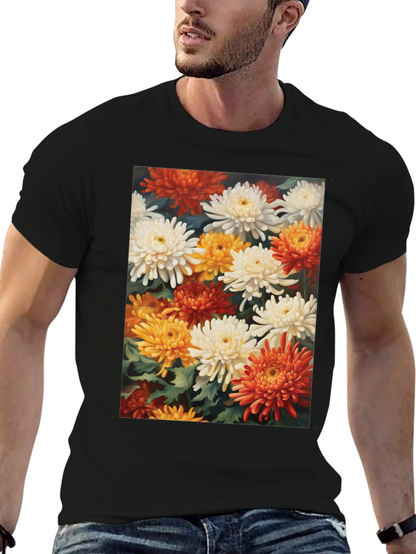 Floral Chrysanthemum Print Black Tee
