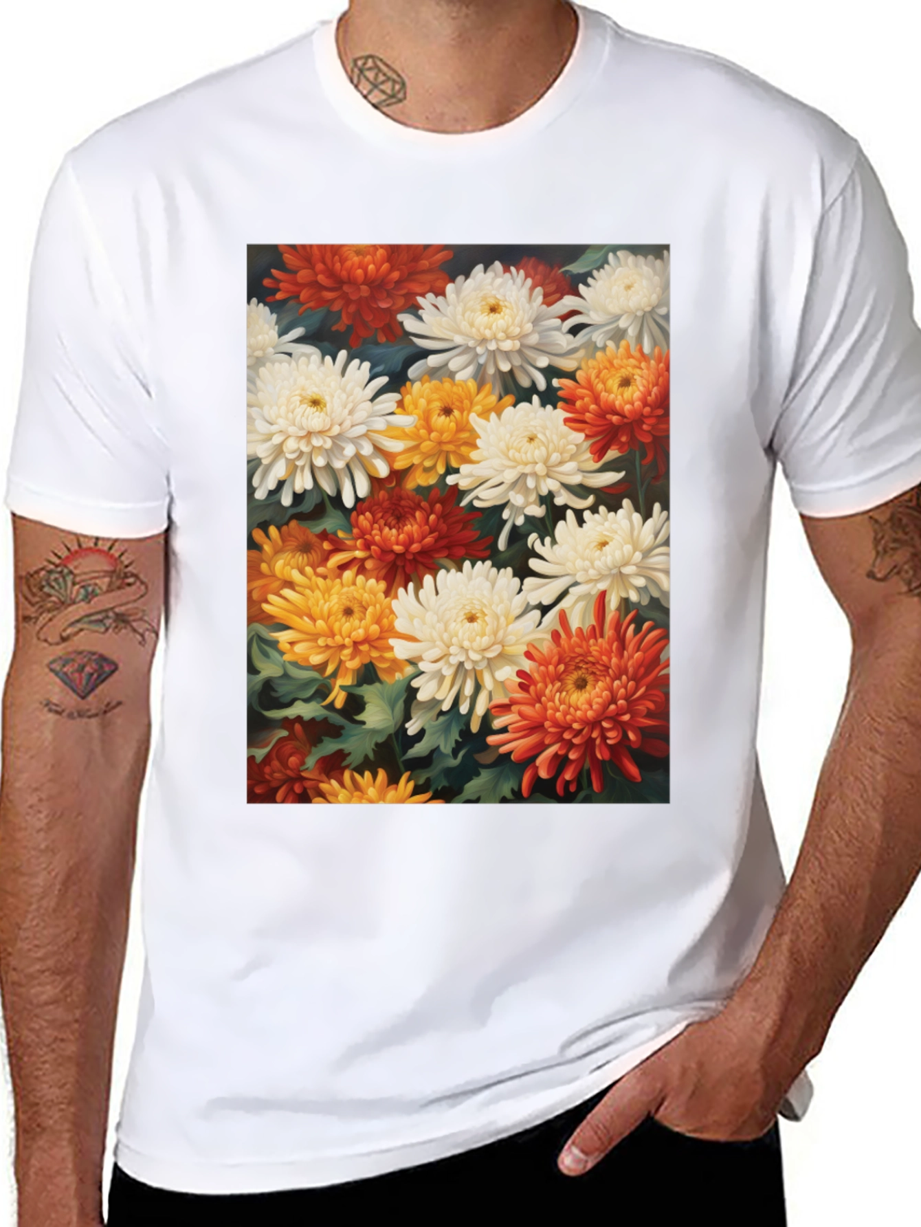 Floral Chrysanthemum Print Black Tee