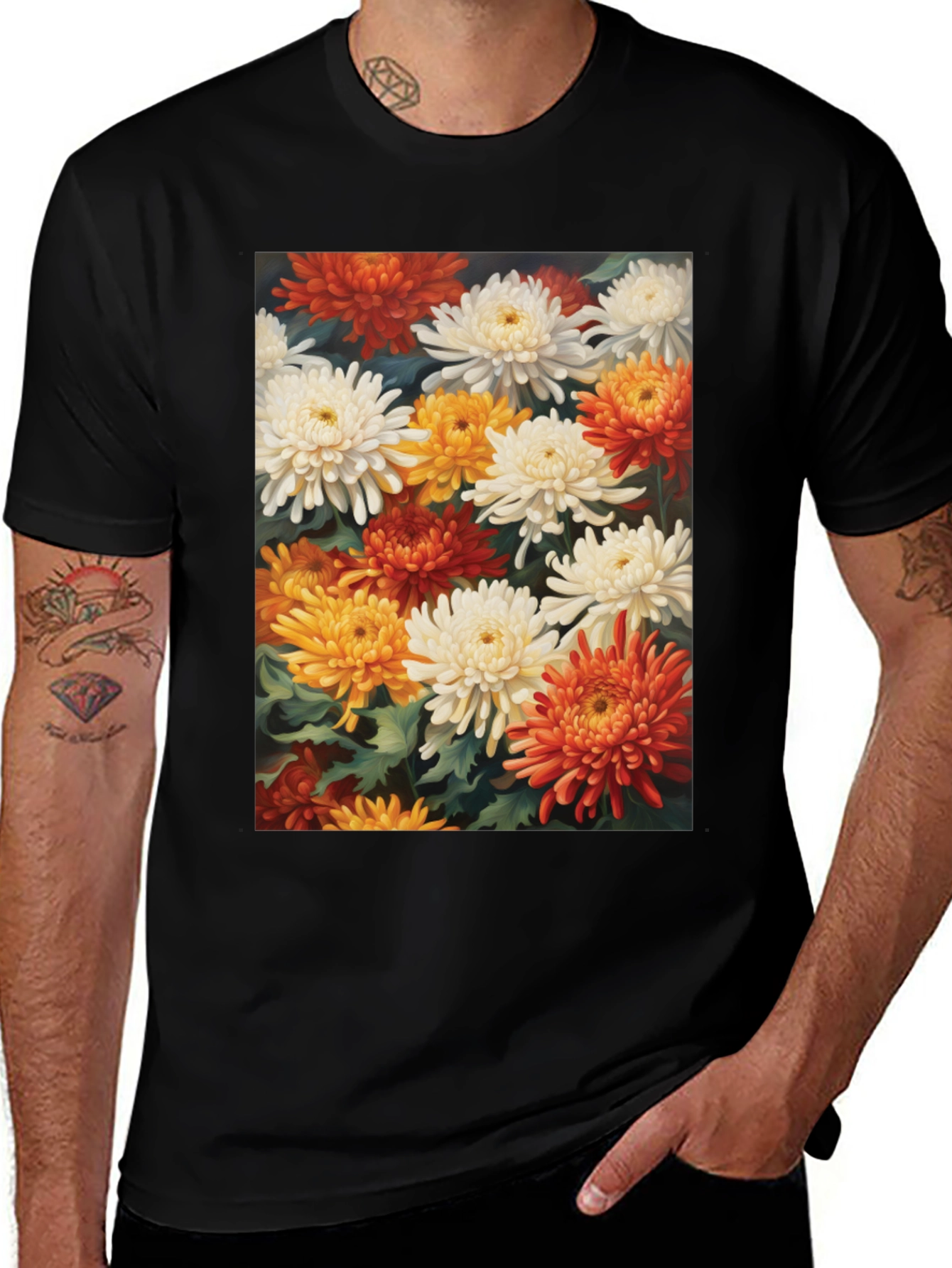 Floral Chrysanthemum Print Black Tee