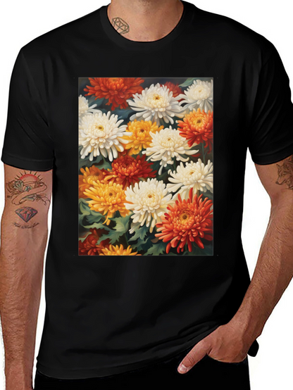 Floral Chrysanthemum Print Black Tee